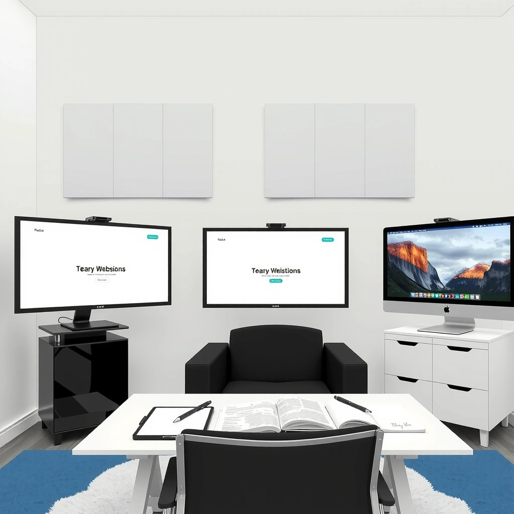 Professional web design studio workspace with modern monitors and creative tools