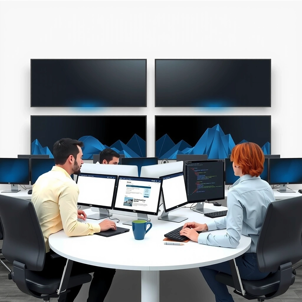 UxSense design team collaborating on web development project with modern workspace setup